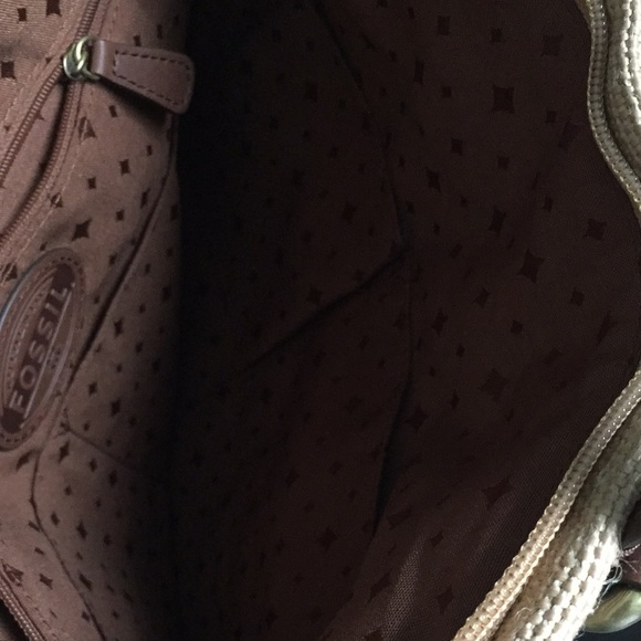 FOSSIL Explorer Tote Canvas Woven Straw Crossbody and Wallet Set Tan Blue - Picture 10 of 15